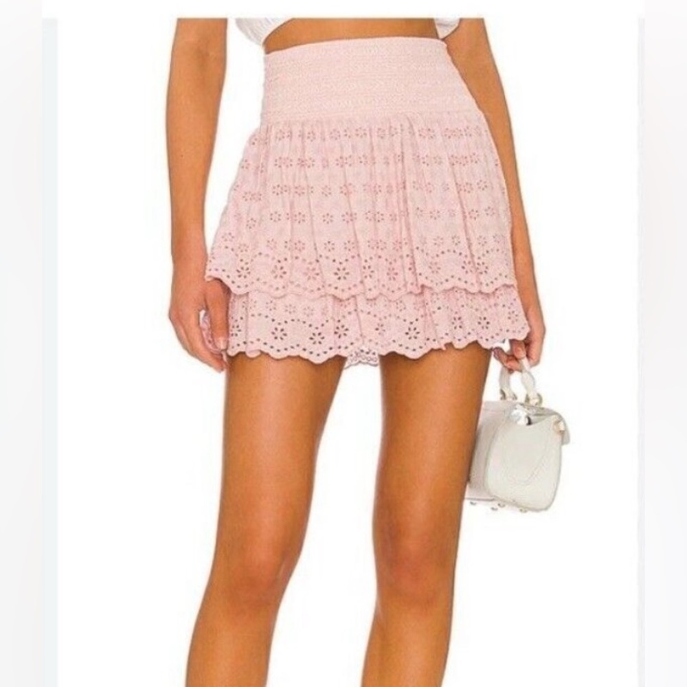 Alice + Olivia Bethie pink English rosed tiered eyelit mini skirt